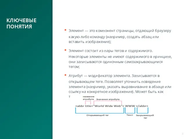 КЛЮЧЕВЫЕ ПОНЯТИЯ Элемент — это компонент страницы, отдающий браузеру какую-либо