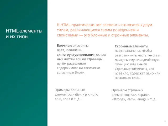 HTML-элементы и их типы В HTML практически все элементы относятся