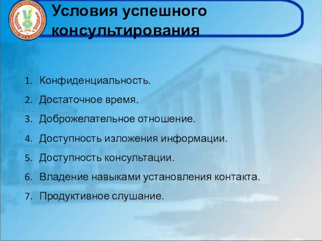 Условия успешного консультирования Конфиденциальность. Достаточное время. Доброжелательное отношение. Доступность изложения