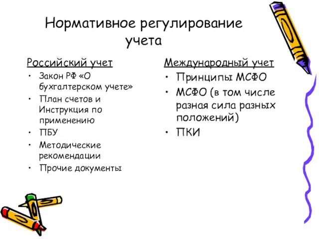 Нормативное регулирование учета Российский учет Закон РФ «О бухгалтерском учете»