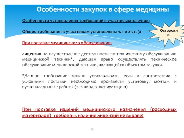 Особенности закупок в сфере медицины Особенности установления требований к участникам