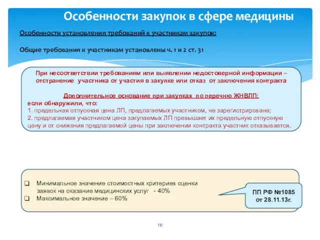 Особенности закупок в сфере медицины Особенности установления требований к участникам