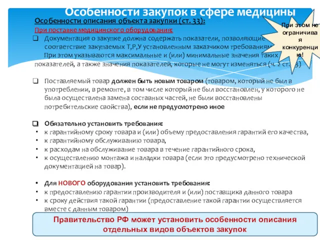 Особенности закупок в сфере медицины Особенности описания объекта закупки (ст.