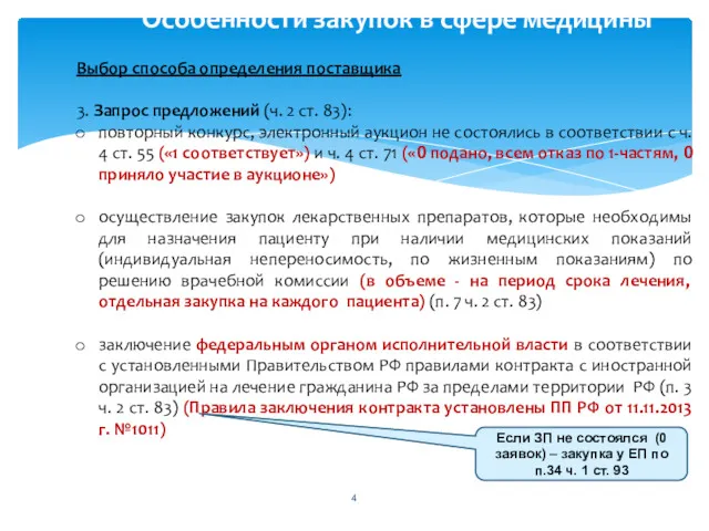 Особенности закупок в сфере медицины Выбор способа определения поставщика 3.