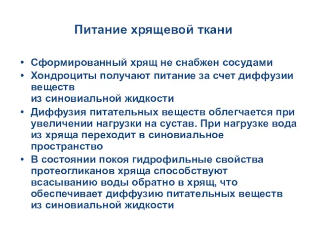 Питание хрящевой ткани Сформированный хрящ не снабжен сосудами Хондроциты получают