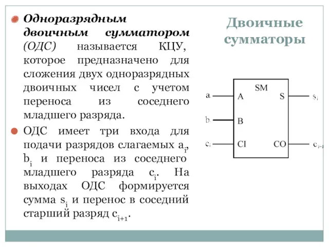 Двоичные сумматоры Одноразрядным двоичным сумматором (ОДС) называется КЦУ, которое предназначено