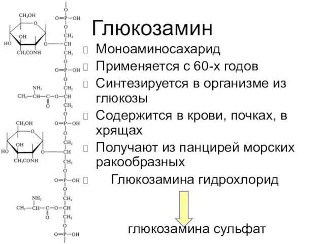 Глюкозамин Моноаминосахарид Применяется с 60-х годов Синтезируется в организме из