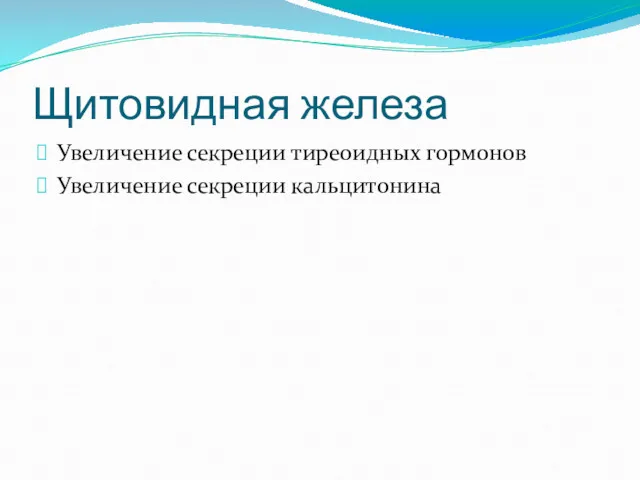 Щитовидная железа Увеличение секреции тиреоидных гормонов Увеличение секреции кальцитонина