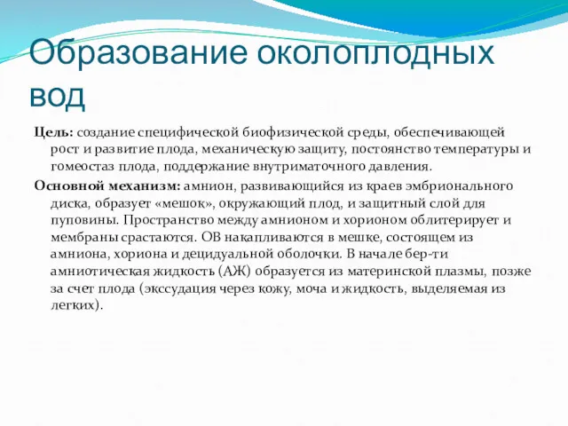 Образование околоплодных вод Цель: создание специфической биофизической среды, обеспечивающей рост