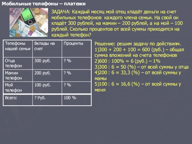 Мобильные телефоны – платежи ЗАДАЧА: Каждый месяц мой отец кладёт