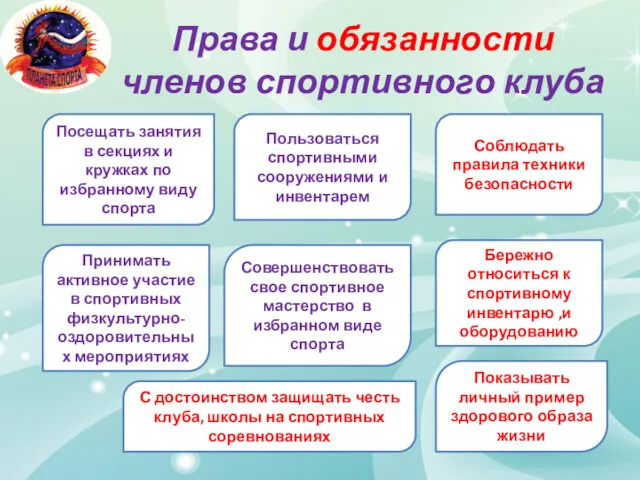 Права и обязанности членов спортивного клуба Посещать занятия в секциях