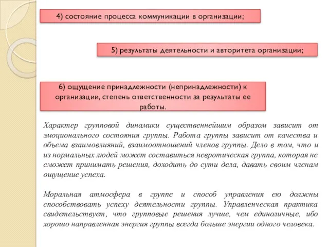 4) состояние процесса коммуникации в организации; 5) результаты деятельности и