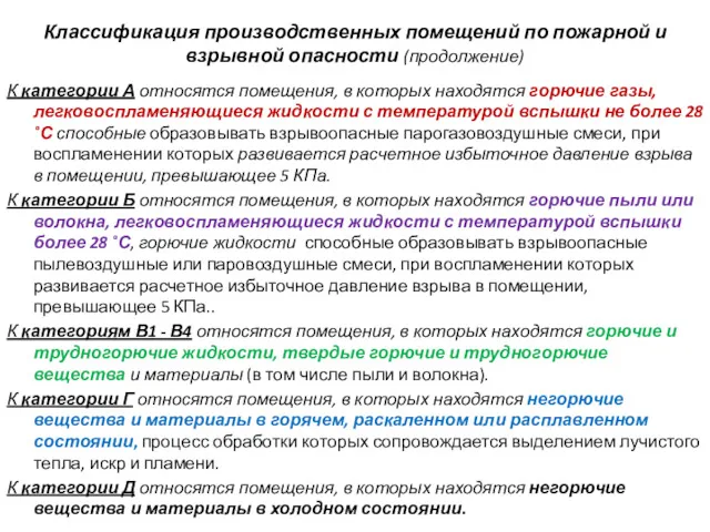 Классификация производственных помещений по пожарной и взрывной опасности (продолжение) К