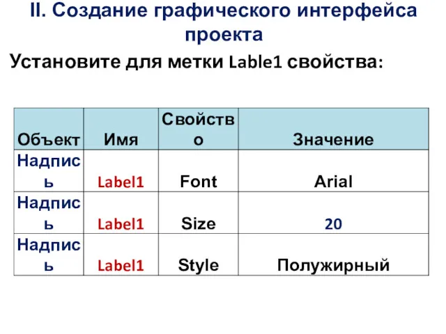 Установите для метки Lable1 свойства: II. Создание графического интерфейса проекта