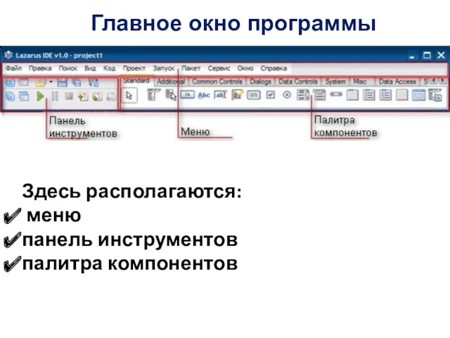 Здесь располагаются: меню панель инструментов палитра компонентов Главное окно программы