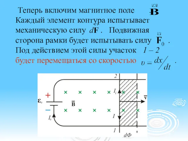 Теперь включим магнитное поле . Каждый элемент контура испытывает механическую