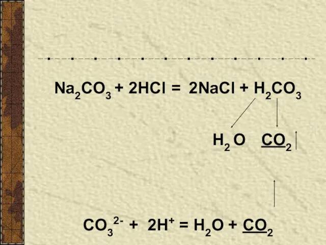 Na2CO3 + 2HCl = 2NaCl + H2CO3 CO32- + 2H+ = H2O +