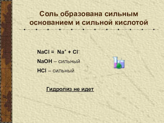 Соль образована сильным основанием и сильной кислотой NaCl = Na+ + Cl- NaOH