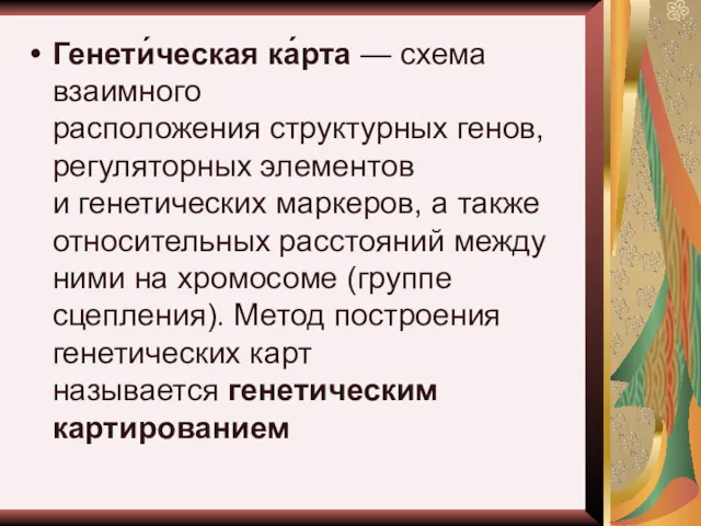 Генети́ческая ка́рта — схема взаимного расположения структурных генов, регуляторных элементов