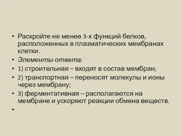 Раскройте не менее 3-х функций белков, расположенных в плазматических мембранах