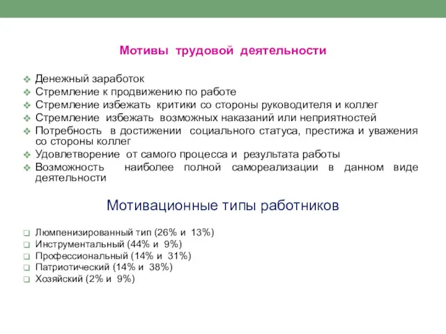 Мотивы трудовой деятельности Денежный заработок Стремление к продвижению по работе