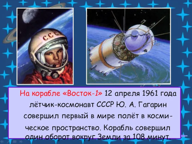 На корабле «Восток-1» 12 апреля 1961 года лётчик-космонавт СССР Ю.