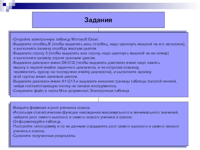 Задания -Откройте электронную таблицу Microsoft Excel. -Выделите столбец В (чтобы