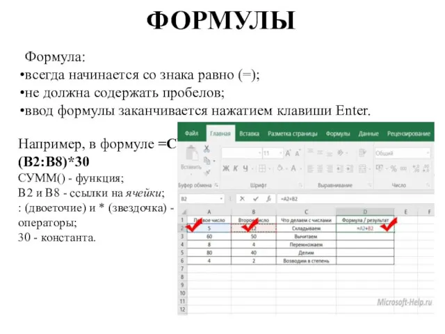 ФОРМУЛЫ Формула: всегда начинается со знака равно (=); не должна