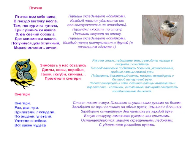 Птичка Птичка дом себе вила, В гнездо веточку несла. Там,