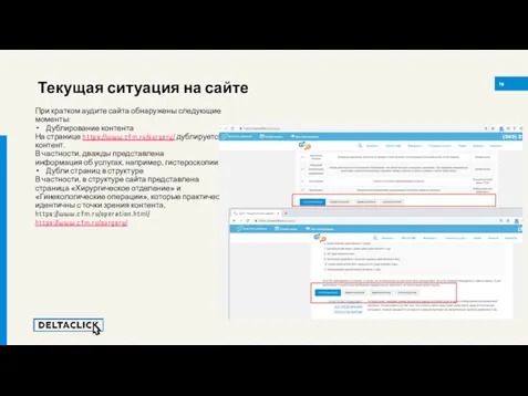 При кратком аудите сайта обнаружены следующие моменты: Дублирование контента На странице https://www.cfm.ru/surgery/ дублируется