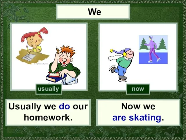 (do homework) We Usually we do our homework. Now we are skating. usually now