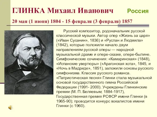 ГЛИНКА Михаил Иванович Россия 20 мая (1 июня) 1804 -