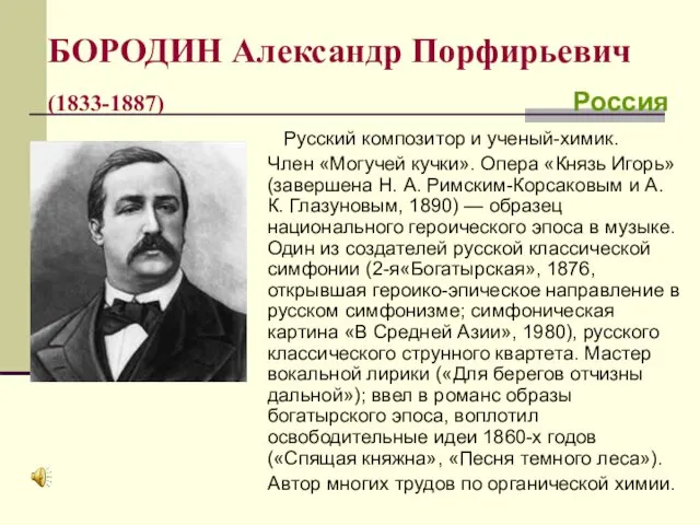 БОРОДИН Александр Порфирьевич (1833-1887) Россия Русский композитор и ученый-химик. Член