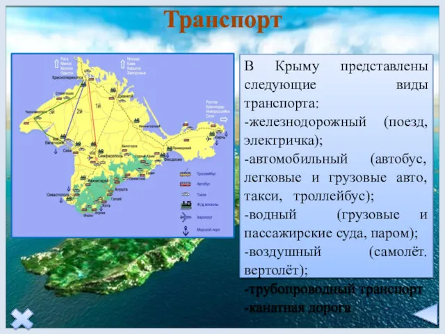 Транспорт В Крыму представлены следующие виды транспорта: -железнодорожный (поезд, электричка);