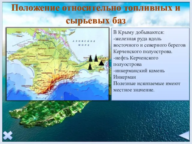 Положение относительно топливных и сырьевых баз В Крыму добываются: -железная