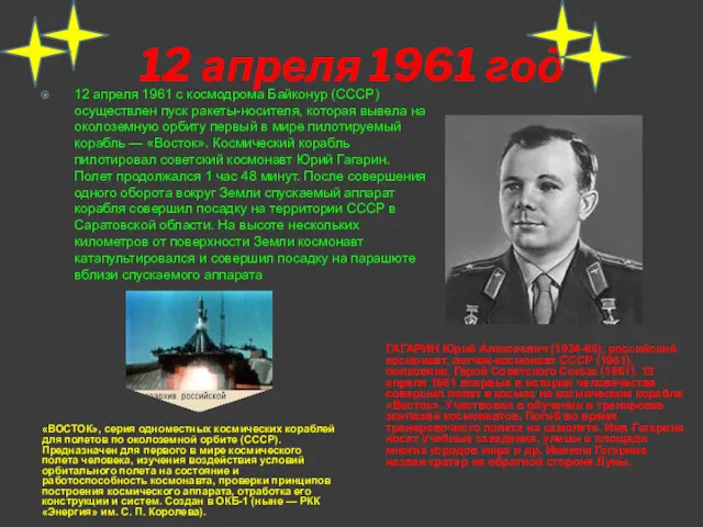 12 апреля 1961 год «ВОСТОК», серия одноместных космических кораблей для