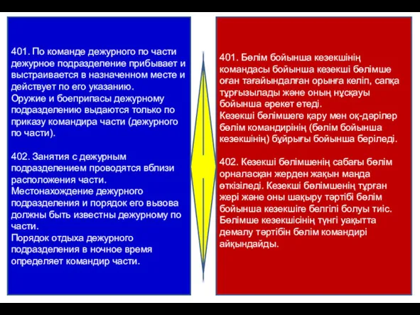 401. По команде дежурного по части дежурное подразделение прибывает и