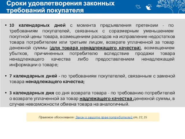 Сроки удовлетворения законных требований покупателя 10 календарных дней с момента