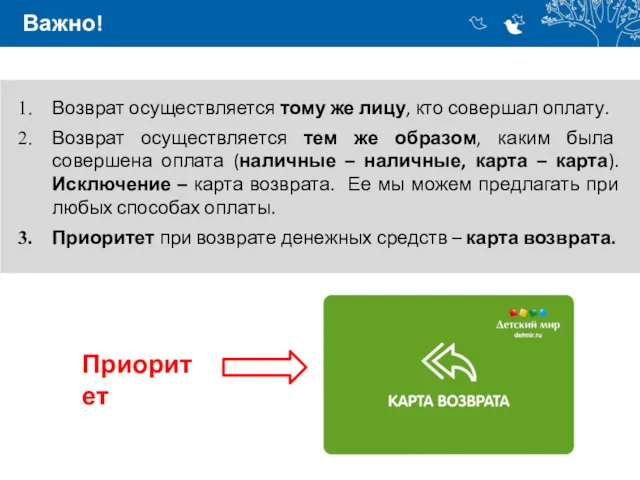 Важно! Возврат осуществляется тому же лицу, кто совершал оплату. Возврат