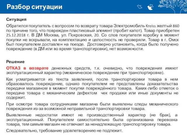 Разбор ситуации Ситуация Обратился покупатель с вопросом по возврату товара