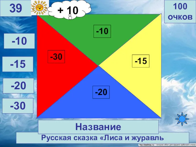 Русская сказка «Лиса и журавль 100 очков 39 Название -10 -15 -20 -30 + 10