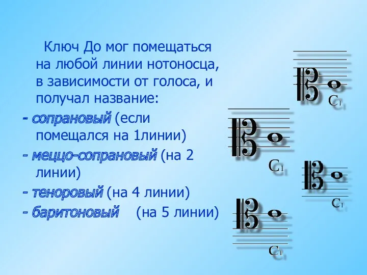 Ключ До мог помещаться на любой линии нотоносца, в зависимости