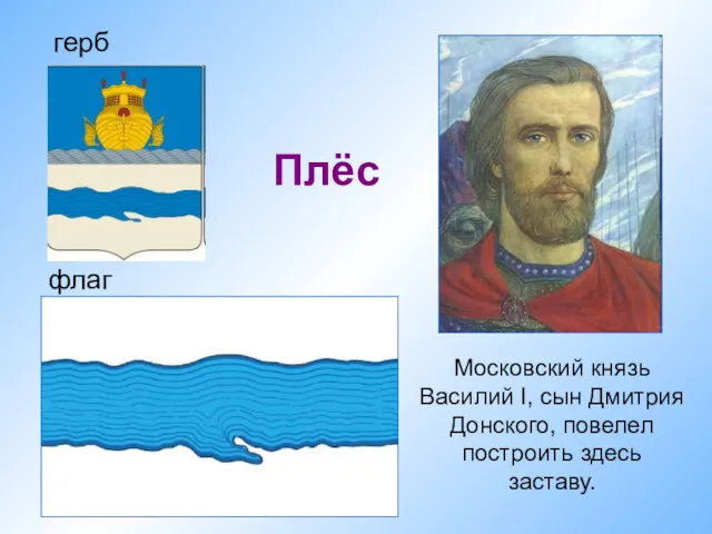 флаг Плёс герб Московский князь Василий I, сын Дмитрия Донского, повелел построить здесь заставу.