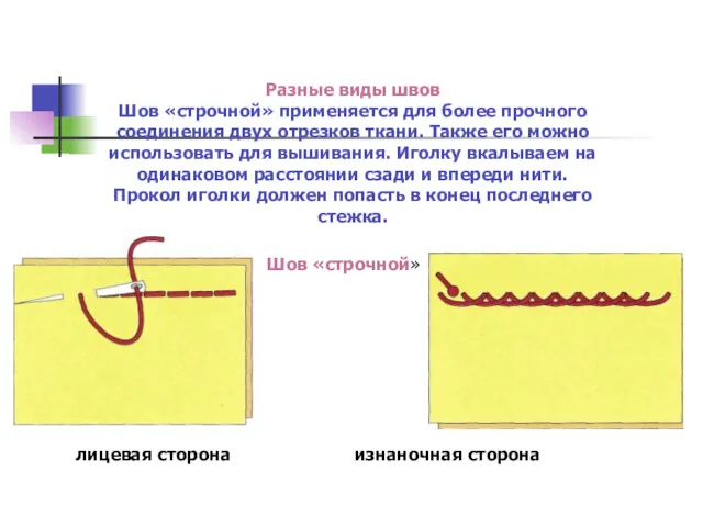 Разные виды швов Шов «строчной» применяется для более прочного соединения двух отрезков ткани.