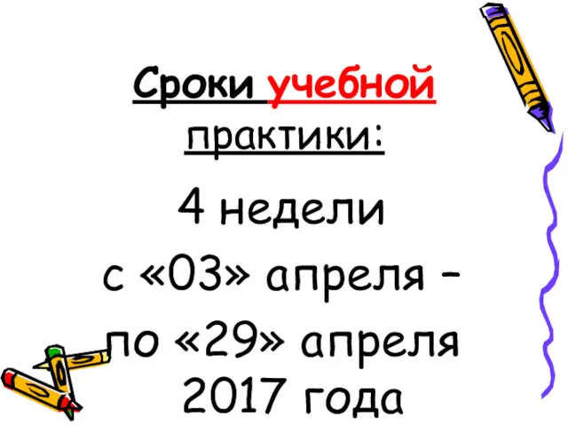 Сроки учебной практики: 4 недели с «03» апреля – по «29» апреля 2017 года