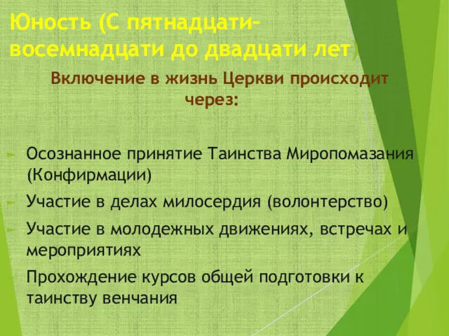 Юность (С пятнадцати–восемнадцати до двадцати лет) Включение в жизнь Церкви