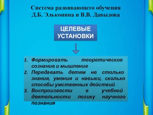 ЦЕЛЕВЫЕ УСТАНОВКИ Система развивающего обучения Д.Б. Эльконина и В.В. Давыдова