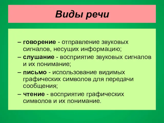 Виды речи говорение - отправление звуковых сигналов, несущих информацию; слушание - восприятие звуковых