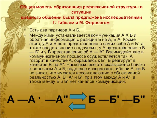 Общая модель образования рефлексивной структуры в ситуации диадного общения была предложена исследователями Г.