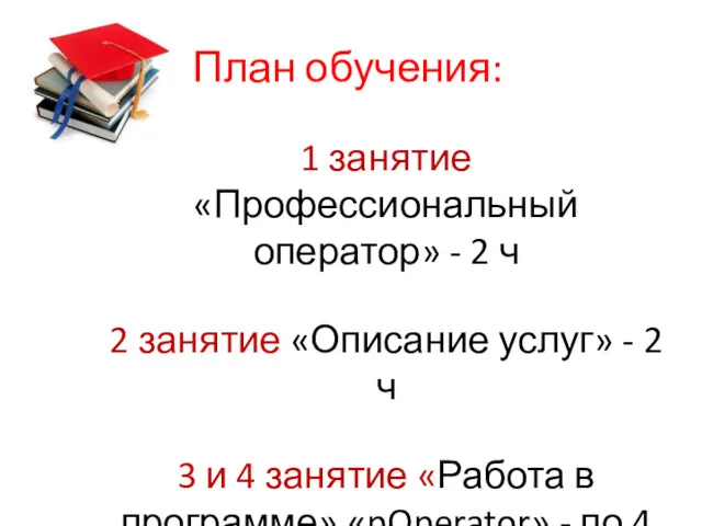 План обучения: 1 занятие «Профессиональный оператор» - 2 ч 2